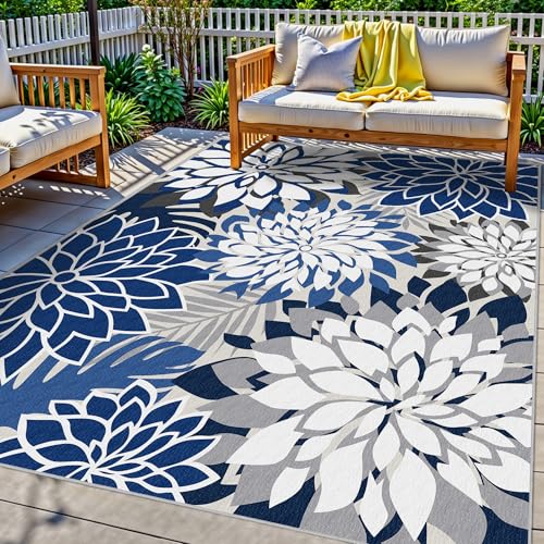 5x8 Outdoor Area Rug Washable Multicolored Patio Rug Tropical Botanical Floral Chenille Waterproof Outdoor Carpet for Living Room, Deck, Backyard, Porch, Blue - color: Blue White, size: 5' x 8' (Rectangular)