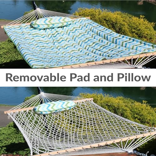 Sunnydaze Rope Hammock with Stand for Outside - Heavy Duty Freestanding Portable Outdoor Hammock Set with Quilted Pad, Pillow, and 12-Foot Steel Frame - 275 lb Capacity - Blue & Green Chevron - color: Blue & Green Chevron