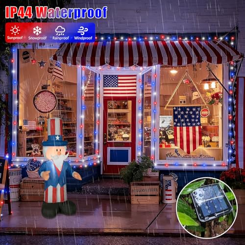YEGUO 4 Pack Red White and Blue Solar Lights, Each 33ft 100 LED 4th of July Solar Fairy Lights Outdoor Waterproof, 8 Modes Sliver Wire Patriotic String Lights for Independence Memorial Day Decoration - color: Red White and Blue