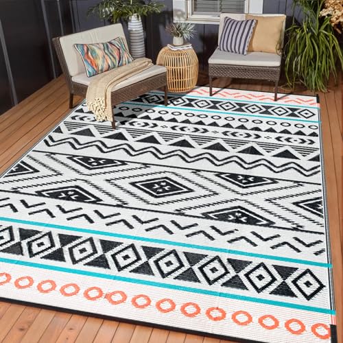 Outdoor Rugs Patio Camping Waterproof - 4x6 Plastic Straw Patio Rug Portable for Campers, Outside RVs Mat, Outdoor Area Carpet for Patios Clearance, Backyard Porch, Balcony, Picnic - color: Black Red, size: 4' x 6' (Rectangular)