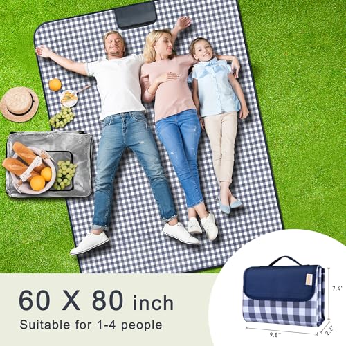 SAMSIER Outdoor Picnic Blankets Waterproof Foldable Sandproof, Large Gingham Cute Picnic Mat Washable Portable for Park Beach Camping Courtyard (Navy Blue, 60"×80") - color: Navy Blue, size: 5' x 6'8" (Rectangular)