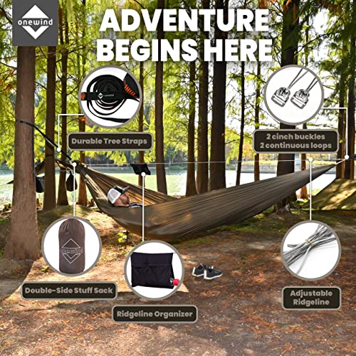 Onewind Camping Hammock, Ultralight Portable Hammock with Adjustable Ridgeline, Outdoor Hammock 20D Ripstop Nylon with 2 * 12Ft Tree Strap, Ideal for Camping, Hiking, Backpacking - color: Od Green-double Layer, size: 11' * 55"