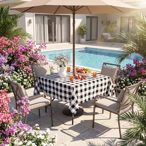 Poise3EHome Square Outdoor Tablecloth with Umbrella Hole and Zipper,Black Gingham 60x60 Inch,Polyester SpillProof Washable Table Cloth for Spring Summer Patio Garden Poolside Picnic Camping BBQS - color: Black Gingham, size: 60" x 60" (Square)