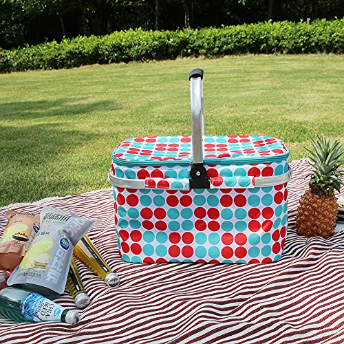 Insulated Picnic Basket 26L Portable Collapsible Market Leakproof Tote with Aluminum Handle for Camping, Shopping, Travel, Large Size (Polka Dot) - color: Polka Dot