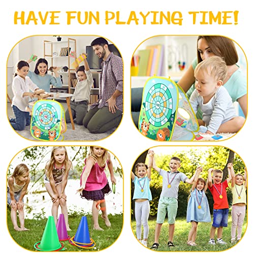 Yunsailing 63 Pcs Carnival Outdoor Games Set for Kids Include Animal Bean Bag Toss Plastic Cones Ring Toss Egg and Spoon Race, Field Yard Lawn Outdoor Game, Gift for Birthday Party
