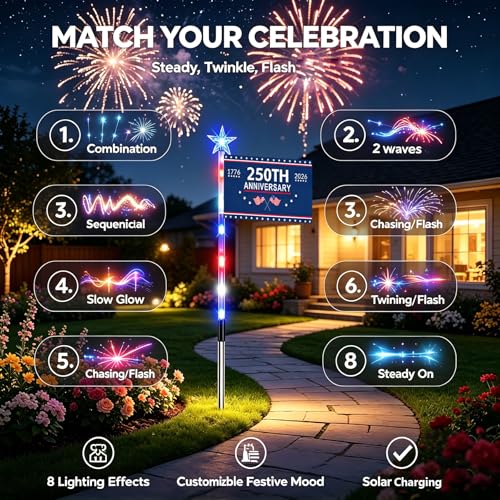 8 Pack Solar American Flag Pathway Lights - Patriotic Red White Blue Outdoor Stake Waterproof LED Lights with 8 Modes, Decorations 4th of July Memorial Day & Independence Day Yard Garden (Style C) - color: Style C