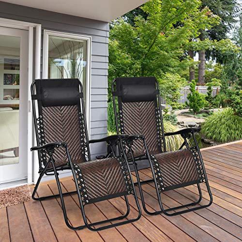 COSTWAY 2PCS Patio Rattan Zero Gravity Lounge Chair Folding Recliner Headrest Brown - color: Brown