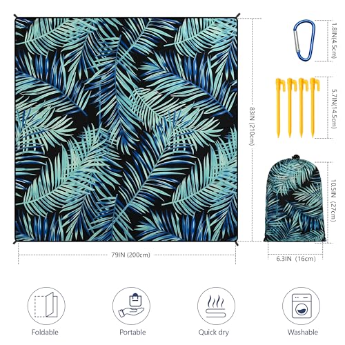 HIHOHO Beach Blanket Waterproof Sandproof Beach Mat 79”x 83” for 1-8 Adults Quick Drying Durable Outdoor Picnic Mat for Beach Festival Travel Camping Hiking (BK&GN-Palm, 79"×83"(4 Person)) - color: Bk&gn-palm, size: 6'11" x 6'7"