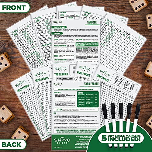 SWOOC Games® - 5 Big Premium Laminated Yardzee & Farkle Score Cards (11.5in x 8in) with Rules - Large Reusable Dry Erase Pads for Giant Outdoor Dice - style: Score Cards + Markers (5 Pack)