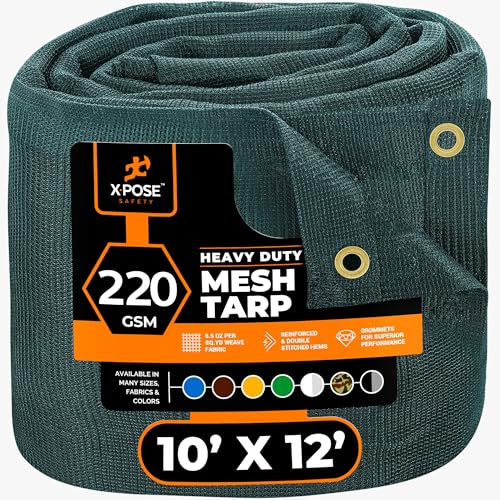 Xpose Safety Heavy Duty Green Mesh Tarp 10' x 12' – 70% Sunblock Shade Cloth with Grommets for Garden, Fence, Privacy Screen, Canopies, Dump Trucks, Pool Cover – Tear & Weather Resistant - color: Green, size: 10' x 12'