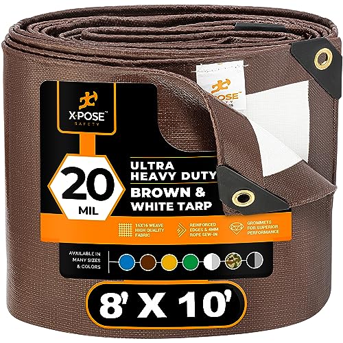 Xpose Safety 8' x 10' Brown/White Ultra Heavy Duty Tarp - 20 Mil - Heavy Duty Waterproof - Extra Large, Waterproof Tarp Cover Rain Camping,Tent Tarp,UV Protection,Reinforced Corners - size: 8' X 10'