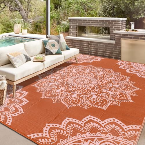 Yamaziot Waterproof Outdoor Rug 8x10 ft, Reversible Plastic Straw Rug for Patio Clearance, Camping, RV Mat, Large Outside Rug Carpet for Porch, Deck, Backyard, Balcony, Picnic - color: Orange/ Pink, size: 8' x 10'
