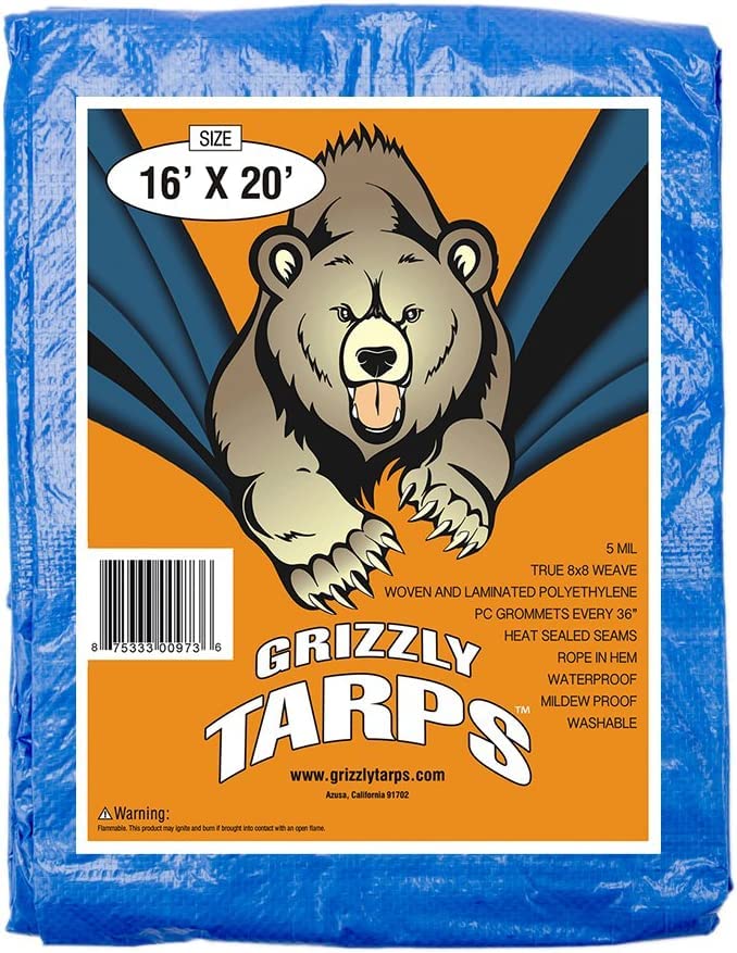Grizzly Tarps by B-Air 16' x 20' Large Multi-Purpose Waterproof Heavy Duty Poly Tarp with Grommets Every 36", 8x8 Weave, 5 Mil Thick, For Home, Boats, Cars, Camping, Protective Cover, Blue - size: 16X20