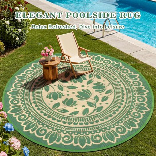 8ft Round Waterproof Outdoor Patio Rug, Large Lightweight Plastic Woven Rug, Reversible Boho Floral All-Weather Beach Mat for RV Camping, Picnic, Deck, Porch, Backyard and Garden, Green - color: Green Flower, size: 8' (Round)