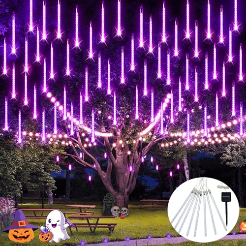 JMEXSUS Solar Christmas Lights Outdoor, 8 Tube 144 LEDs Solar Meteor Shower Lights, Purple Christmas Light for Tree Fence Eaves Patio Yard Holiday Party Decor - color: Purple, size: 1*144LED