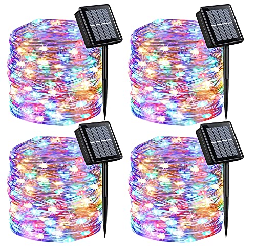 QITONG 4 Pack Solar Fairy Lights, Each 33ft 100 LED Multicolor Christmas String Light Outdoor Waterproof, 8 Modes Silver Wire Twinkle Mini Lights - color: Multicolor, size: 4Pack*100LED