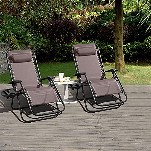 GUNJI Zero Gravity Chair Outdoor Lawn Folding Lounge Chairs Adjustable Reclining Patio Chairs Set of 2 with Cup Holder Lounge Gravity Chairs for Poolside, Backyard, Beach and Camping (Brown) - color: Brown