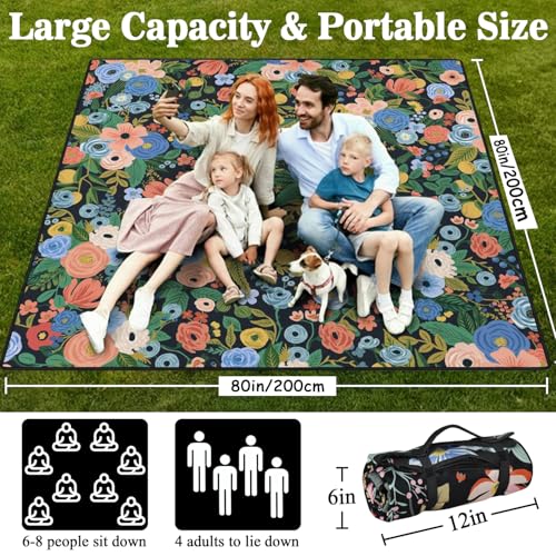 Picnic Blankets Waterproof Foldable Extra Large,80"x 80" Outdoor Beach Blanket Sandproof,3-Layer Lightweight Handy Mat Tote Picnic Camping Rugs for Outside Your Rv (Garden Party Floral Navy) - color: Picnic Blankets 1
