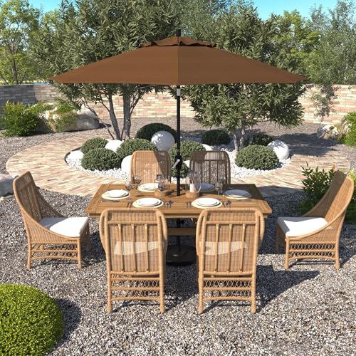 California Umbrella 9' Round Aluminum Market Umbrella, Crank Lift, Push Button Tilt, Black Pole, Teak Olefin - color: Teak