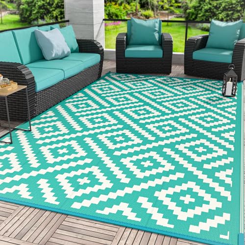 GENIMO Outdoor Rug for Patio Clearance, 6'x9' Waterproof Camping Mat, Reversible Plastic Straw Rugs for RV, Camper, Balcony, Backyard, Picnic, Deck (Lake Green & Beige White) - color: Lakegreen&beigewhite, size: 6' x 9' (Rectangular)