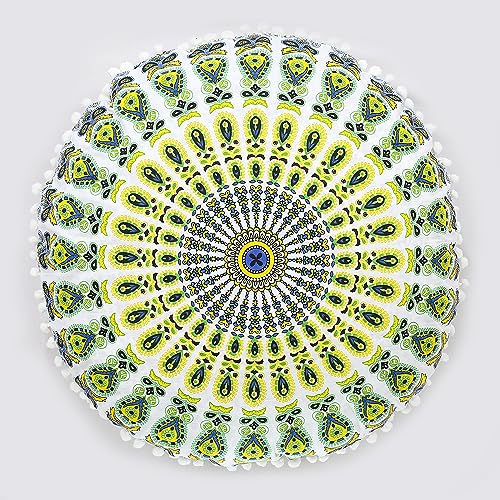 Indian Consigners Floor Cushion Covers 22" Round Mandala Ombre Zipped Ottoman Cover, Boho Puff Cover Pouffe - color: Yellow-green-blue