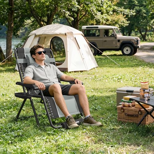 Amopatio Zero Gravity Reclining Patio Chair,XXL Foldable Lounge Chair with Removable Cup Holder/Headrest/Footrest,500LBS Capacity, Portable for Outdoor Patio Pool Backyard - color: Gray-black, style: 33in-1pc