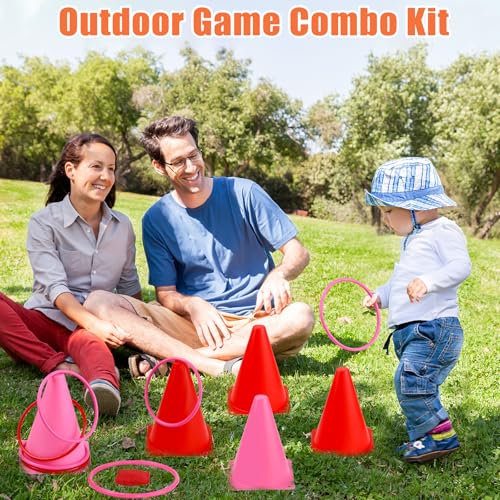 33pcs 4 in 1 Valentines Day Games for Kids with Ring Toss, Plastic Cones, Bean Bags, 3-Legged Race Bands, Carnival Valentine's Games Activity Combo Set for Kids Classroom Indoor Outdoor Party Yard - color: Valentine's Pink