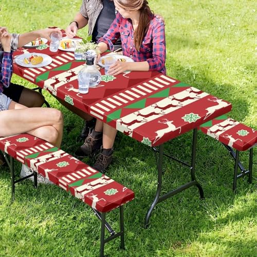 Xmas Table Cloth with Bench Covers 3 PCS for Outdoor Christmas Reindeers Camping Accessories Fitted Outdoor Tablecloth - color: Christmas Reindeers, size: Small