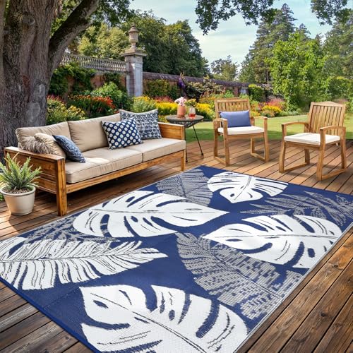 Waterproof Outdoor Rug 9x12 ft, Plastic Straw Patio Area Rug, Reversible Tropical Leaf Porch Mat, Picnic Camping Portable Carpet Rug for RV, Camper, Deck, Balcony, Porch, Beach, Navy/White - color: Navy & White, size: 12' x 9' (Rectangular)