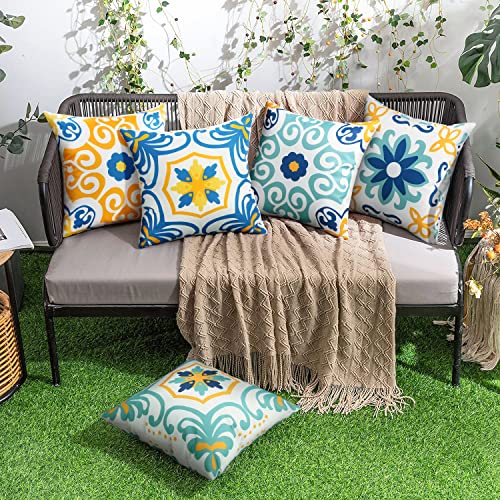 Pyonic Outdoor Waterproof Throw Pillow Covers Set of 4 Floral Printed and Boho Farmhouse Summer Outdoor Pillow Covers for Patio Funiture Garden 18x18 Inch Blue - color: Blue, size: 18" x 18" (Pack of 4)