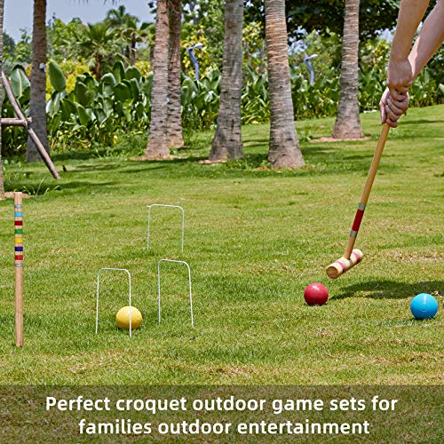 Six Player Croquet Set with Premium Wooden Mallets 28 in, Colored Ball, Wickets, Stakes, Perfect Outdoor Game, Yard Game, Party BBQ Game for Adults & Families (Includes Sturdy Carrying Bag) - color: Natural Wood