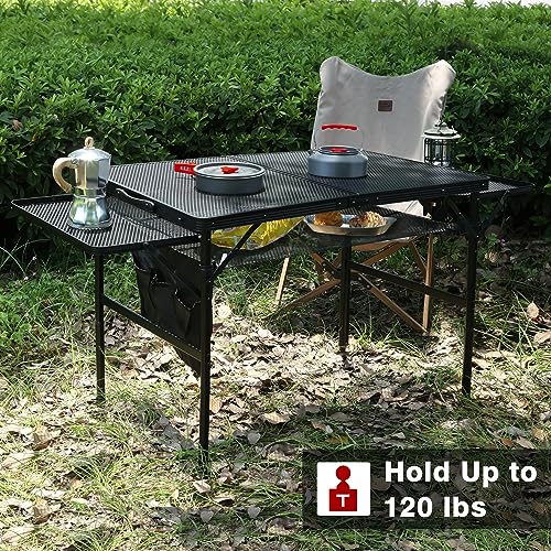 JOUYEK Folding Grill Table, 3x2 FT Portable Camping Table with 2 Wing Panels, Height Adjustable Metal Tables with Mesh Desktop and Mesh Bag, Outdoor Furniture for Camping, Picnic, Beach and BBQ, Black - style: 3X2 FT with 2 panels