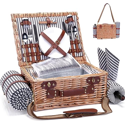 Picnic Basket with Blanket and Wine Pouch for 2 Wicker Picnic Set with Insulated Liner Cooler Bag Hamper for Camping,Wedding - Stripes - color: Stripes With Blanket for 2