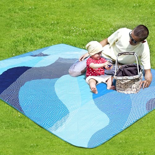Whale Flotilla Extra Large Waterproof Picnic Blankets 60"x80", Foldable Lightweight Outdoor Blanket for Camping, Hiking, Traveling, Soft Portable Easy to Clean Picnic Mat for Beach Grass Park, Blue - color: Blue