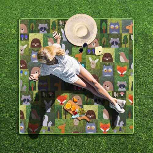 Supfitness Extra Large Picnic Blankets Waterproof Foldable (80 "x 80") Beach Blanket Waterproof Sandproof,3-Layer Thicking Mat Outdoor Packable Camping Blanket - color: Green-animal, size: 6'8" x 6'8" (Square)