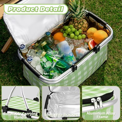 Insulated Picnic Basket, Leak-Proof Collapsible Cooler Bag, 2 Sturdy Handles, 26L Large Capacity Storage Basket for Outdoor Activities, Beach, Camping, Market Shopping,Travel