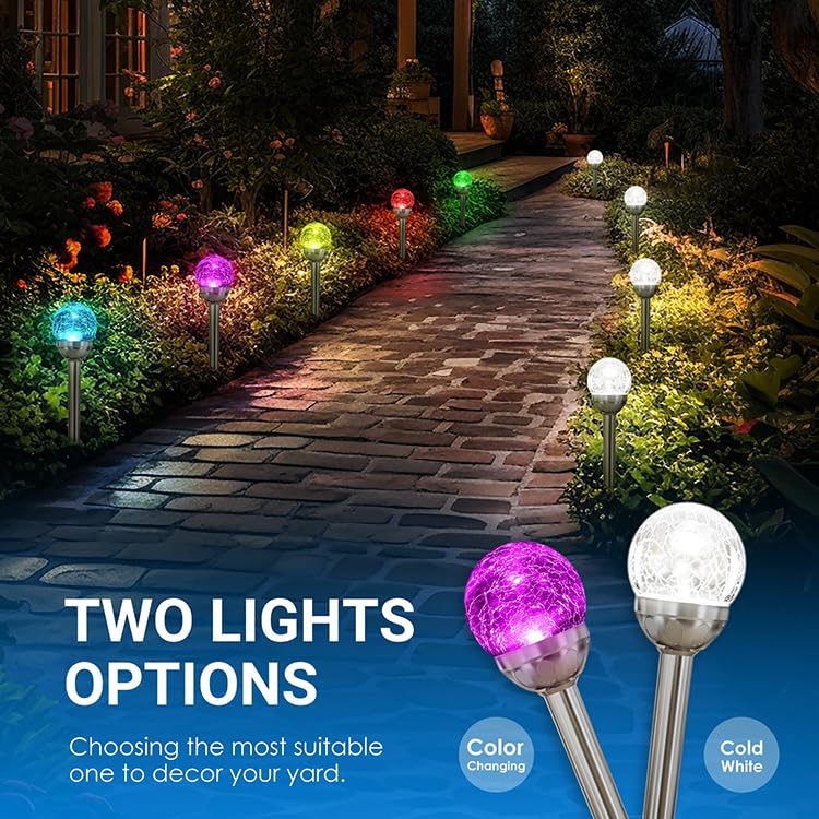 Solar Garden Stake Lights, Color Changing Crackle Glass Globe, Outdoor Pathway Decor, 3-Pack (3)