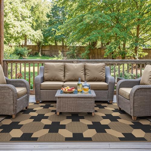 GENIMO Outdoor Rug for Patio Clearance, 6'x9' Reversible Geometric Plastic Straw Rugs, Lightweight Waterproof RV Camping Mat for Camper, Balcony, Deck, Backyard, Picnic, Black Brown - color: Black&brown-y, size: 6' x 9' (Rectangular)