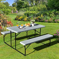 S AFSTAR Folding Picnic Table Bench Set, Foldable Picnic Table with 2 Benches, Outdoor Table and Bench W/Steel Frame & Wood-Like Texture Tabletop, Camping Table Chair Set for Garden Patio Lawn (Gray) - color: Grey