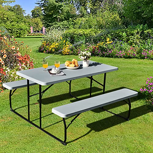S AFSTAR Folding Picnic Table Bench Set, Foldable Picnic Table with 2 Benches, Outdoor Table and Bench W/Steel Frame & Wood-Like Texture Tabletop, Camping Table Chair Set for Garden Patio Lawn (Gray) - color: Grey