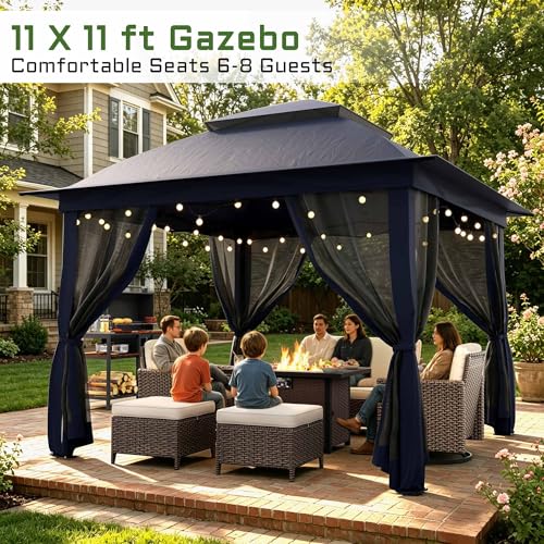 11'X11' Gazebo Pop Up with 4 Sidewalls Mosquito Netting, Heavy Duty Patio Gazebo Canopy Tent with Double Air Roofs for Backyards, Patios, Decks, Gardens, Parks - color: Dark Blue Top