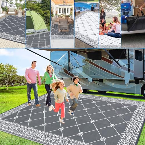 Outdoor Rug 9'x18' for Patios Clearance, Reversible Outdoor Plastic Straw Waterproof Camping Carpet, Large Area Rugs Patio Mats for Outside RV, Camper, Deck, Porch, Beach, Picnic, Grey&White - color: Classic Grey, size: 9' x 18' (Rectangular)