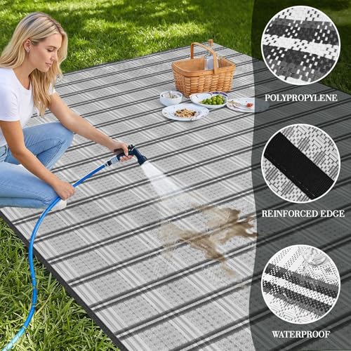 UPGRADE Waterproof Outdoor Rug 8x10 ft, Reversible Plastic Patio Rug, UV Resistant Straw Camping Mat with Carry Bag for RV Beach Deck Backyard, Gray & White - color: Gray & White, size: 8' x 10'