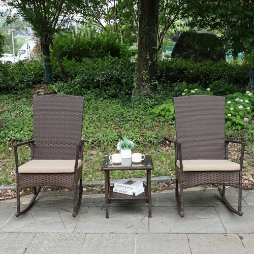 Outdoor Rocking Chair 3 Pieces High-Backed Rocking Chair Patio Rocking Chairs Outdoor Table, Khaki - color: Khaki