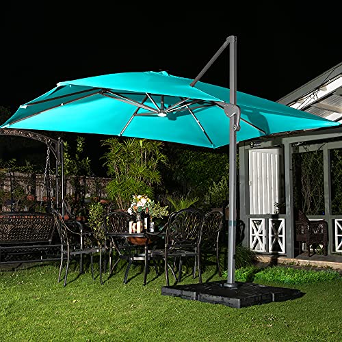 Sunnyglade 10x13ft Solar Powered LED Cantilever Patio Umbrella Square Deluxe Offset Umbrella 360°Rotation & Integrated Tilting System & LED lights for Market Garden Deck Pool Backyard Patio - color: Blue, size: 10X13FT