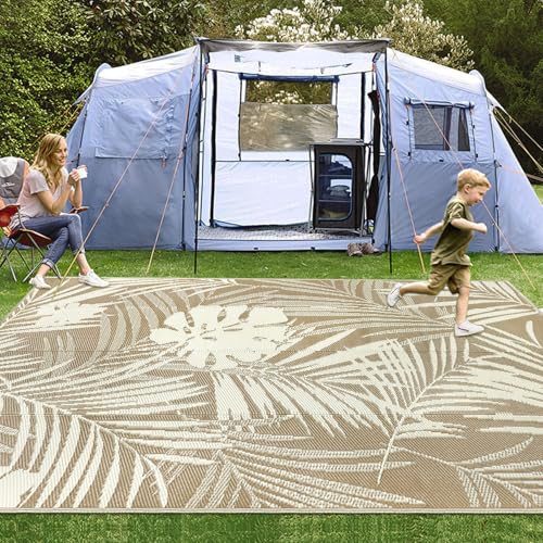 Outdoor Rugs 9x12 for Patios Clearance Brown Waterproof Outdoor RV Camping Rug Tropical Plastic Straw Rug Reversible All Weather Outdoor Carpet (Brown) - color: Brown & Beige, size: 9' x 12'