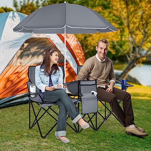 Double Camping Chair, 2-Person Portable Beach Chair w/Removable Umbrella, Cup Holders & Carrying Bag, Folding Loveseat Chairs for Adults Outdoor Picnic (Grey) - color: Grey