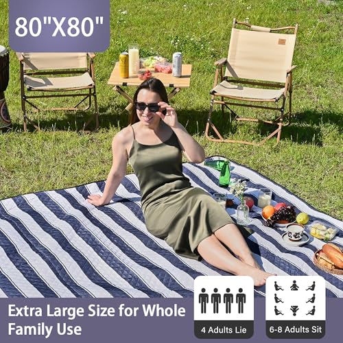 HX&OD Outdoor Picnic Blanket Extra Large, 80''*80'' Waterproof Picnic Mat with Stakes Foldable Camping Blanket Portable with Carry Strap for Beach Mat (Blue& White, 80''*80'') - color: Blue& White, size: 6'8" x 6'8" (Square)