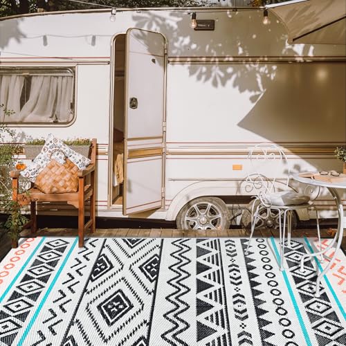 Outdoor Rugs Patio Camping Waterproof - 5x8 Plastic Straw Patio Rug Portable for Campers, Outside RVs Mat, Outdoor Area Carpet for Patios Clearance, Backyard Porch, Balcony, Picnic - color: Black Red, size: 5' x 8' (Rectangular)