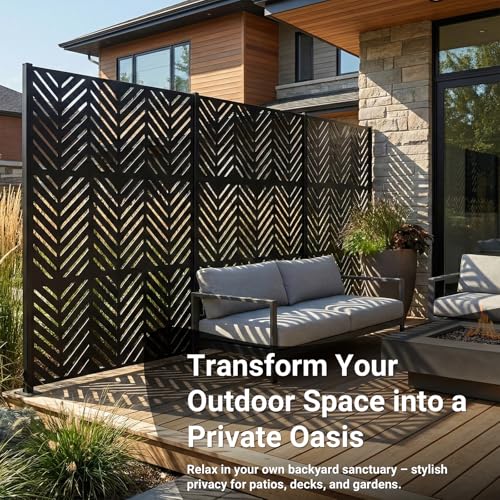 Metal Privacy Screen Outdoor – 6FT Freestanding Decorative Steel Panel with Stand, Laser-Cut Chevron Pattern Modern Privacy Divider, Rustproof & Weather-Resistant Screen for Patio, Garden & Backyard - color: Black & Chevron Pattern